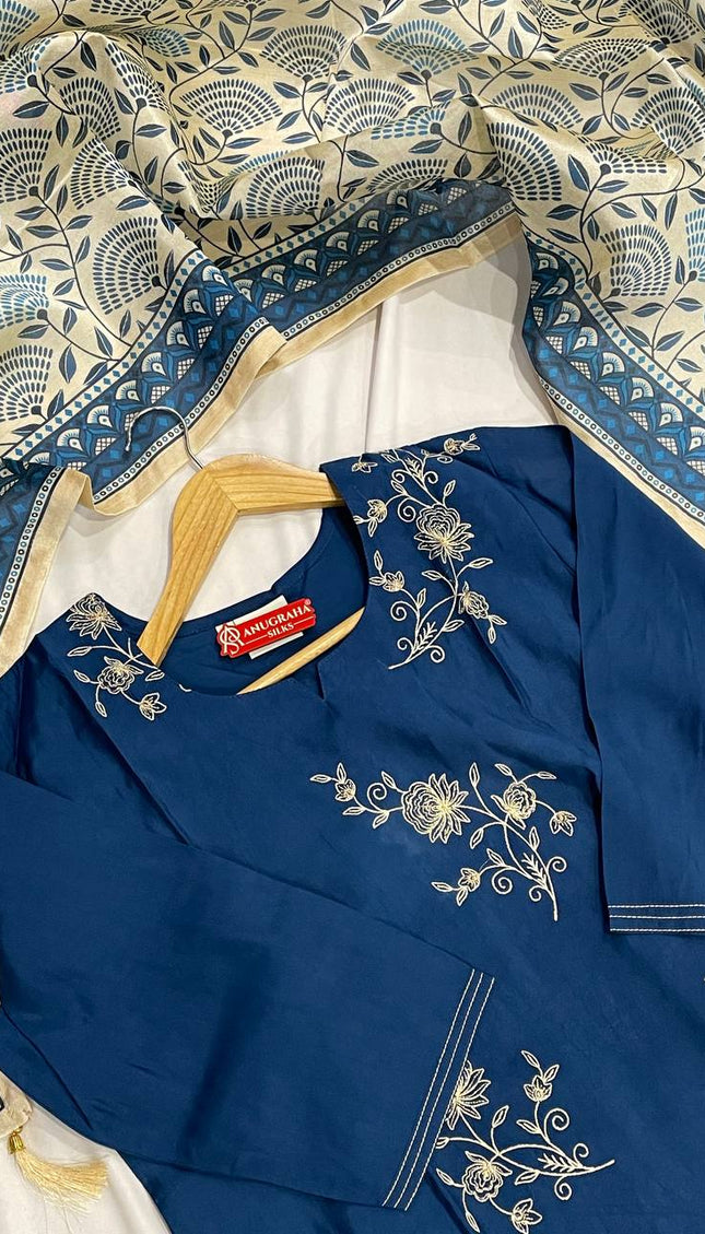 Blue All-Over Floral Embroidered Kurta Set with Printed Dupatta |SC17_1