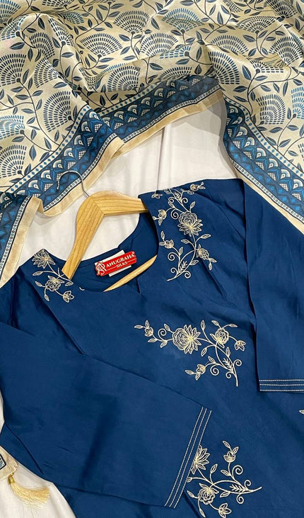 Blue All-Over Floral Embroidered Kurta Set with Printed Dupatta |SC17_1