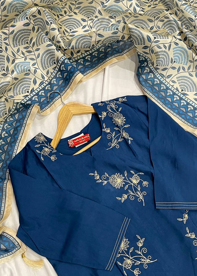 Blue All-Over Floral Embroidered Kurta Set with Printed Dupatta |SC17_1