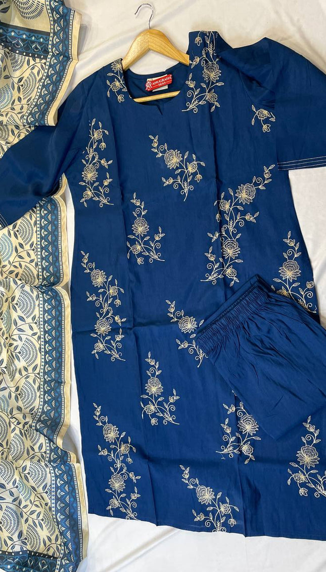 Blue All-Over Floral Embroidered Kurta Set with Printed Dupatta |SC17_1
