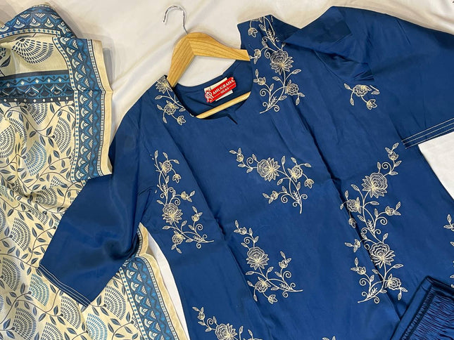 Blue All-Over Floral Embroidered Kurta Set with Printed Dupatta |SC17_1