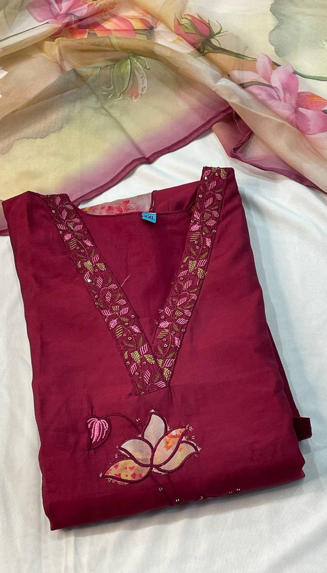 Maroon Hand-Painted Lotus Kurta Set with Floral Dupatta|SC15_2