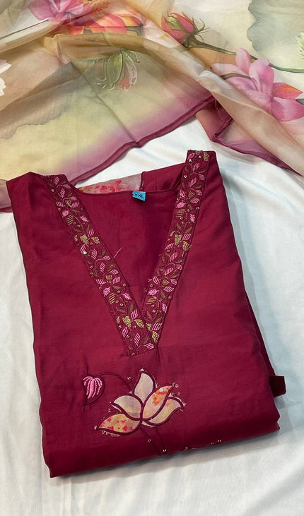 Maroon Hand-Painted Lotus Kurta Set with Floral Dupatta|SC15_2