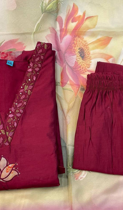 Maroon Hand-Painted Lotus Kurta Set with Floral Dupatta|SC15_2