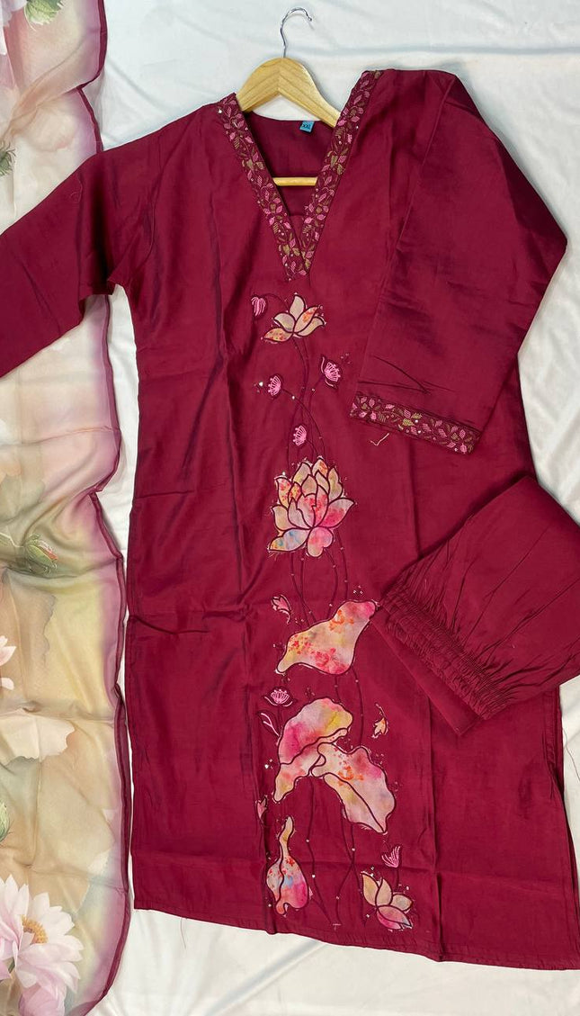 Maroon Hand-Painted Lotus Kurta Set with Floral Dupatta|SC15_2