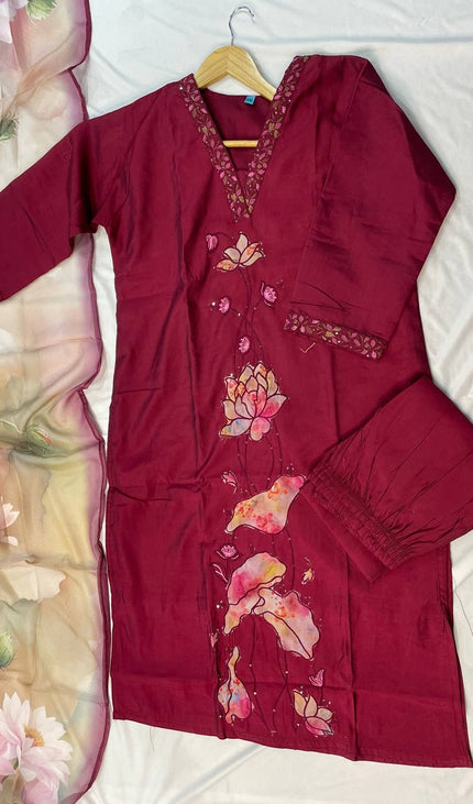 Maroon Hand-Painted Lotus Kurta Set with Floral Dupatta|SC15_2