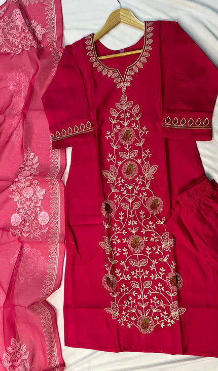 Magenta Pink Embroidered Kurta Set with Floral Dupatta |SC12_3