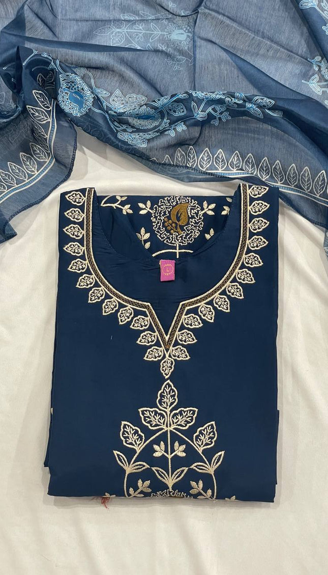 Navy Blue Floral Vine Embroidered Kurta Set with Chiffon Dupatta |SC12_4