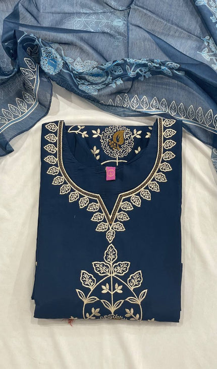 Navy Blue Floral Vine Embroidered Kurta Set with Chiffon Dupatta |SC12_4