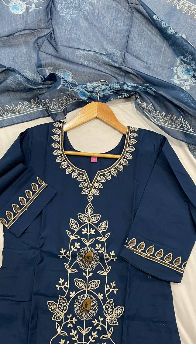 Navy Blue Floral Vine Embroidered Kurta Set with Chiffon Dupatta |SC12_4