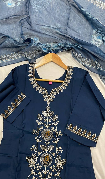 Navy Blue Floral Vine Embroidered Kurta Set with Chiffon Dupatta |SC12_4