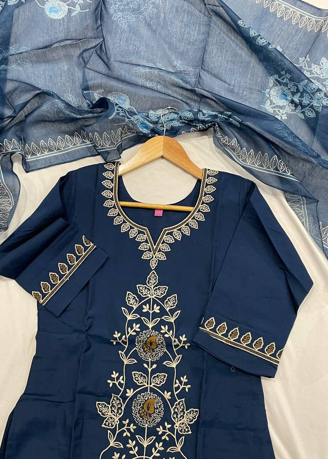 Navy Blue Floral Vine Embroidered Kurta Set with Chiffon Dupatta |SC12_4