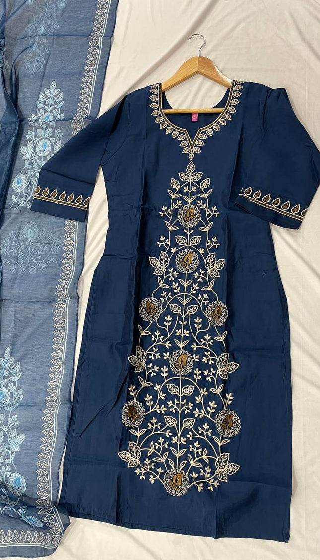 Navy Blue Floral Vine Embroidered Kurta Set with Chiffon Dupatta |SC12_4