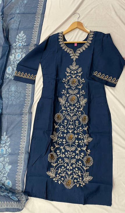 Navy Blue Floral Vine Embroidered Kurta Set with Chiffon Dupatta |SC12_4