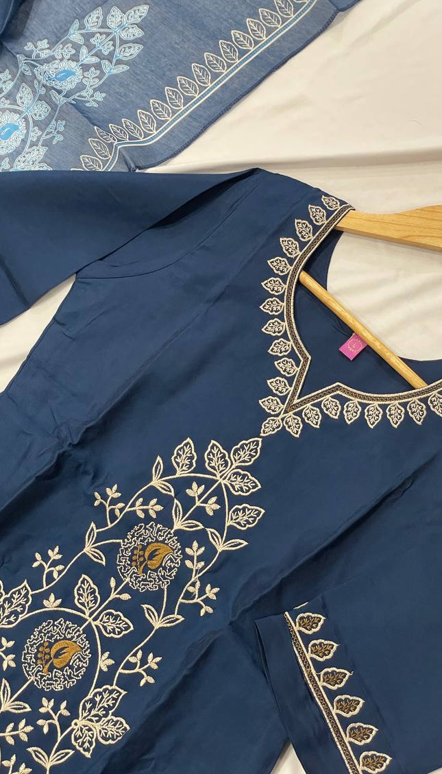 Navy Blue Floral Vine Embroidered Kurta Set with Chiffon Dupatta |SC12_4