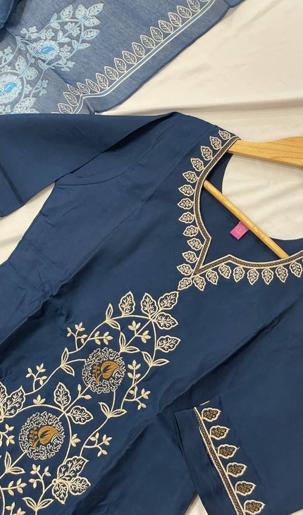 Navy Blue Floral Vine Embroidered Kurta Set with Chiffon Dupatta |SC12_4