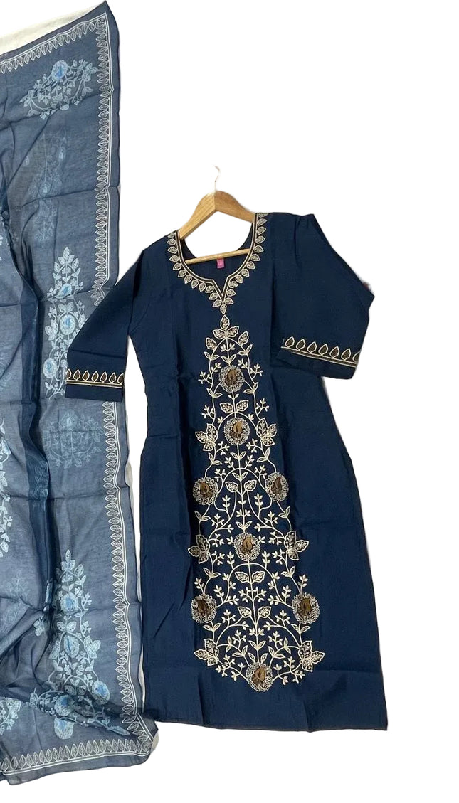 Navy Blue Floral Vine Embroidered Kurta Set with Chiffon Dupatta |SC12_4