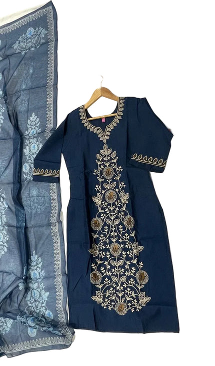 Navy Blue Floral Vine Embroidered Kurta Set with Chiffon Dupatta |SC12_4