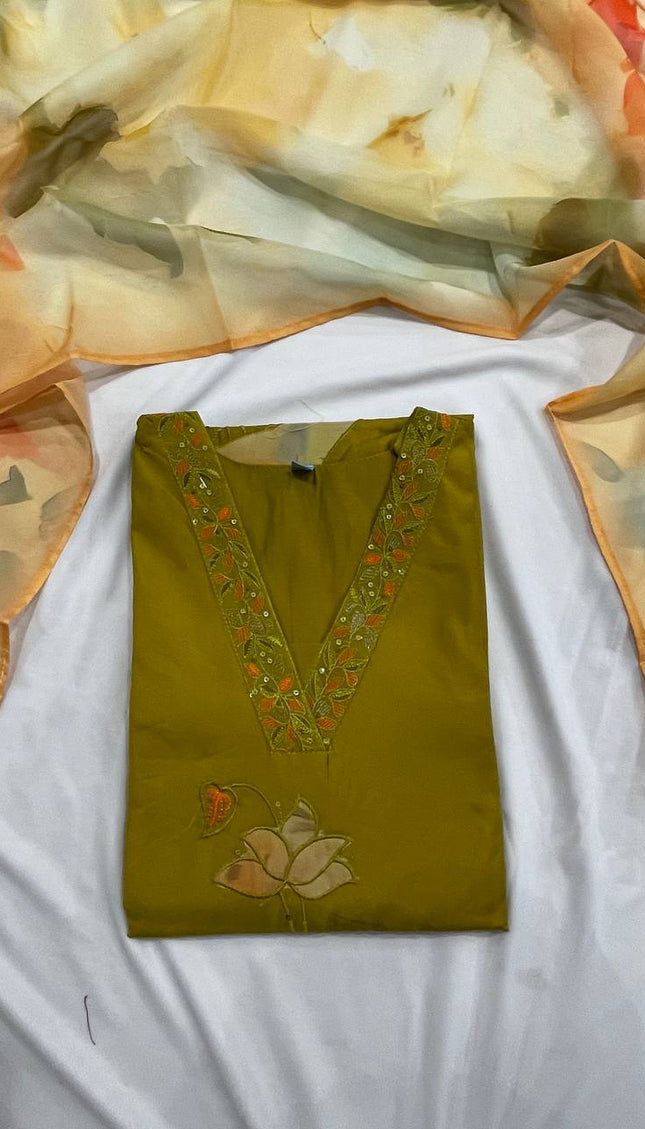 Olive Green Hand-Painted Lotus Kurta Set with Floral Chiffon Dupatta |SC15_3