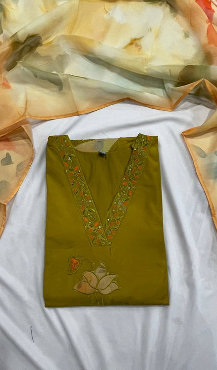 Olive Green Hand-Painted Lotus Kurta Set with Floral Chiffon Dupatta |SC15_3