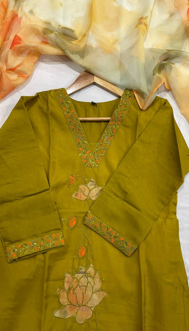 Olive Green Hand-Painted Lotus Kurta Set with Floral Chiffon Dupatta |SC15_3