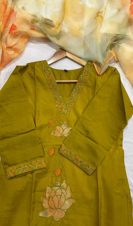 Olive Green Hand-Painted Lotus Kurta Set with Floral Chiffon Dupatta |SC15_3