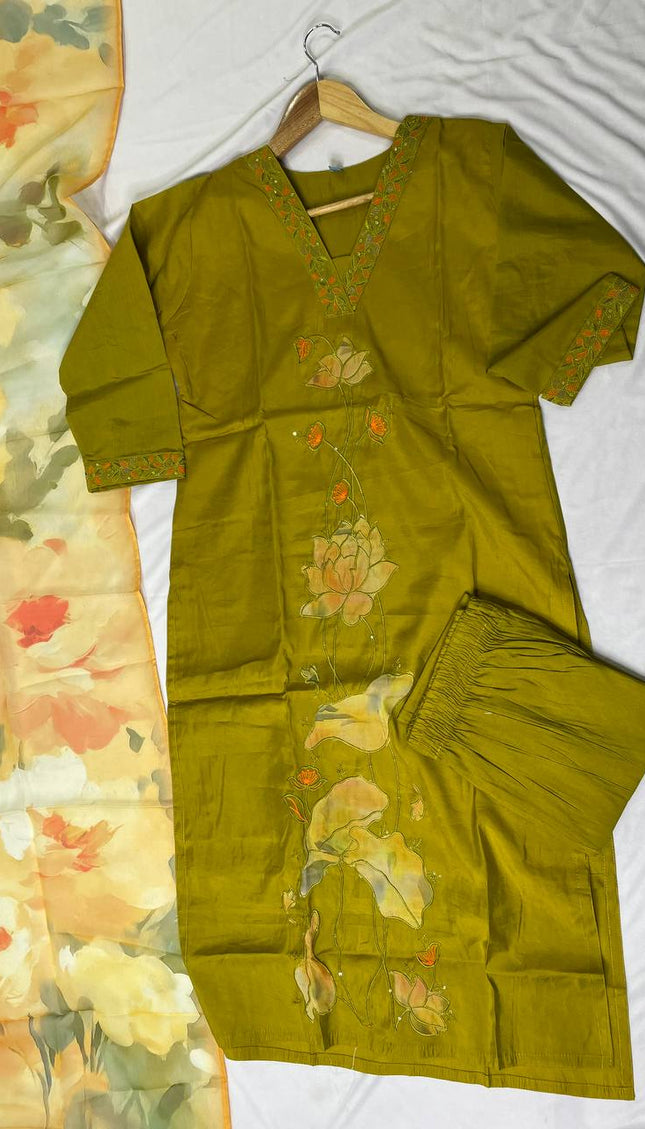 Olive Green Hand-Painted Lotus Kurta Set with Floral Chiffon Dupatta |SC15_3