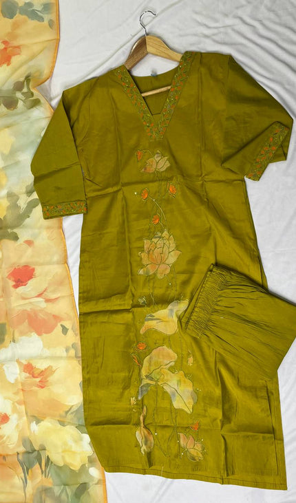Olive Green Hand-Painted Lotus Kurta Set with Floral Chiffon Dupatta |SC15_3