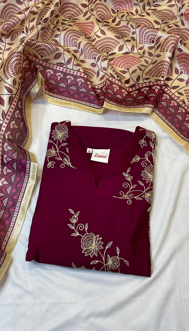Maroon Floral Vine Embroidered Kurta Set with Block Print Dupatta |SC17_2