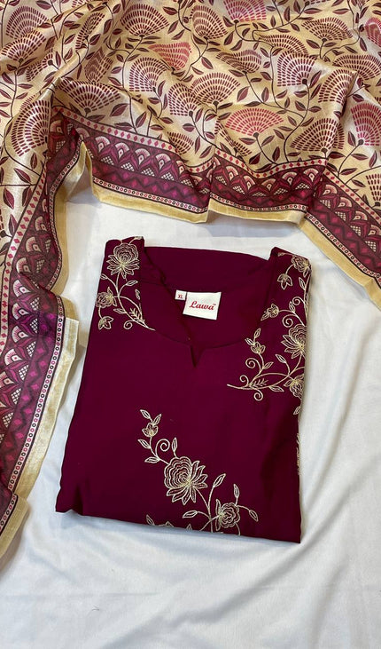 Maroon Floral Vine Embroidered Kurta Set with Block Print Dupatta |SC17_2