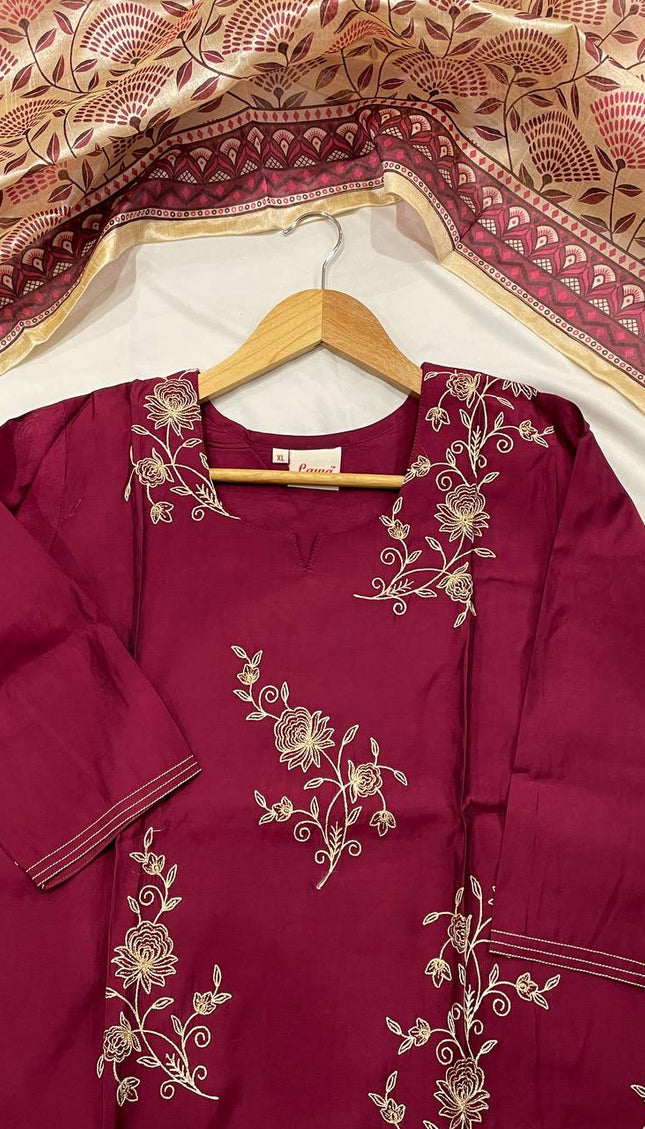 Maroon Floral Vine Embroidered Kurta Set with Block Print Dupatta |SC17_2