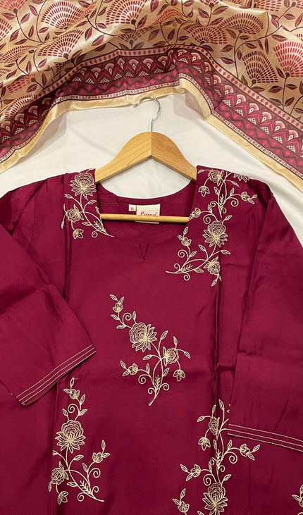 Maroon Floral Vine Embroidered Kurta Set with Block Print Dupatta |SC17_2