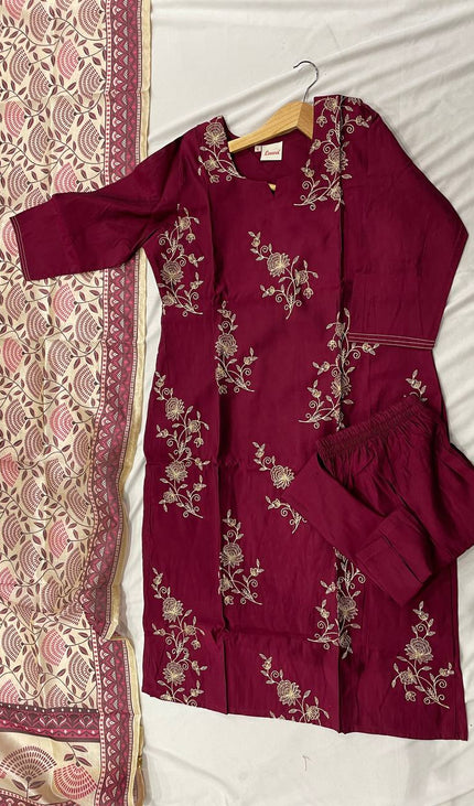 Maroon Floral Vine Embroidered Kurta Set with Block Print Dupatta |SC17_2