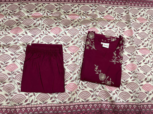 Maroon Floral Vine Embroidered Kurta Set with Block Print Dupatta |SC17_2
