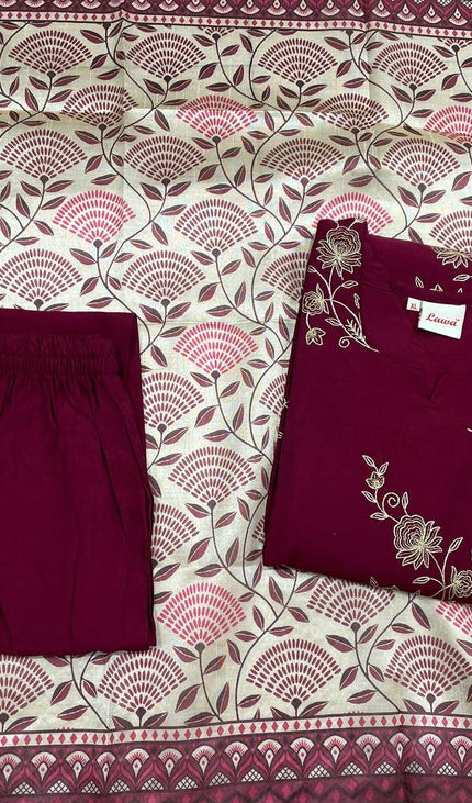 Maroon Floral Vine Embroidered Kurta Set with Block Print Dupatta |SC17_2