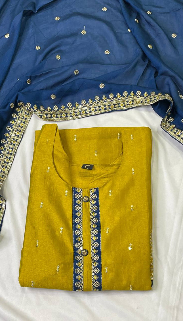 Mustard Yellow georgette Straight with Zori Work Panel|SC1_2