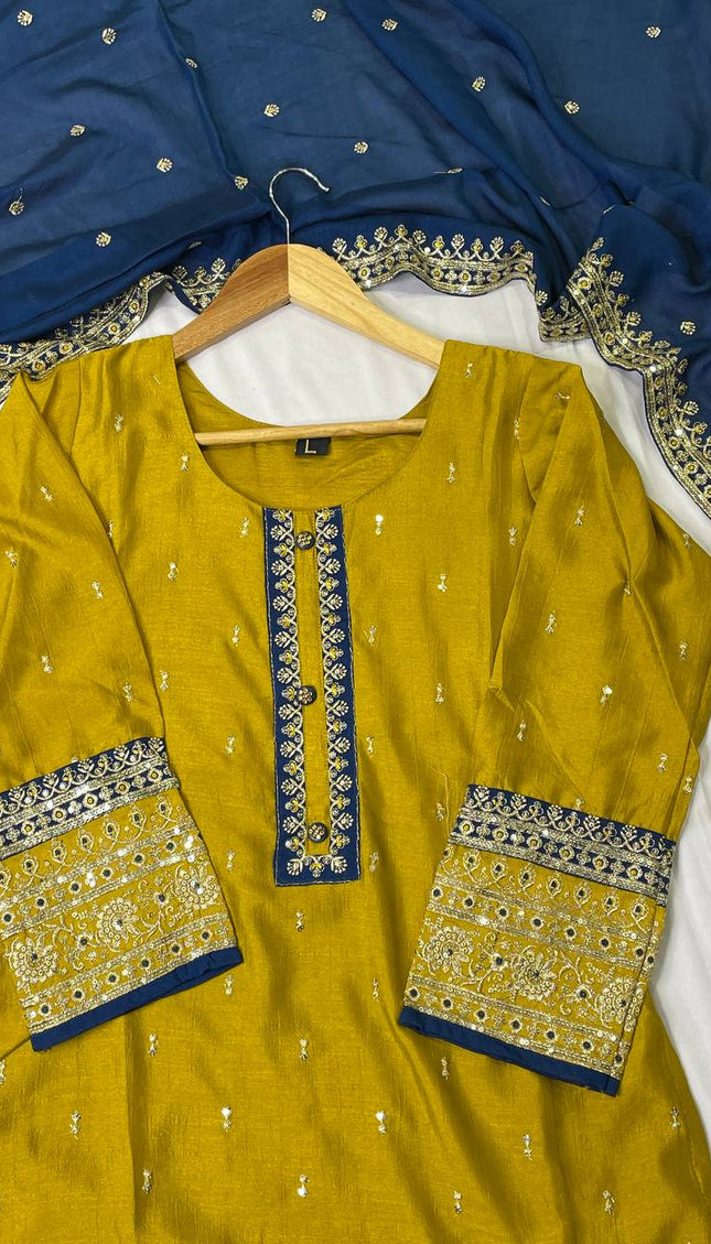 Mustard Yellow georgette Straight with Zori Work Panel|SC1_2