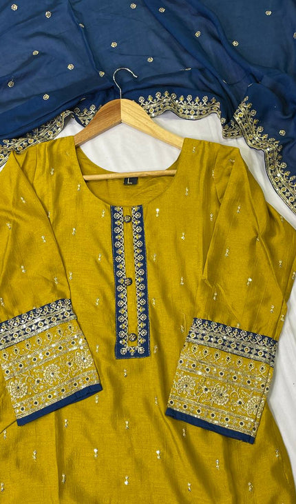 Mustard Yellow georgette Straight with Zori Work Panel|SC1_2