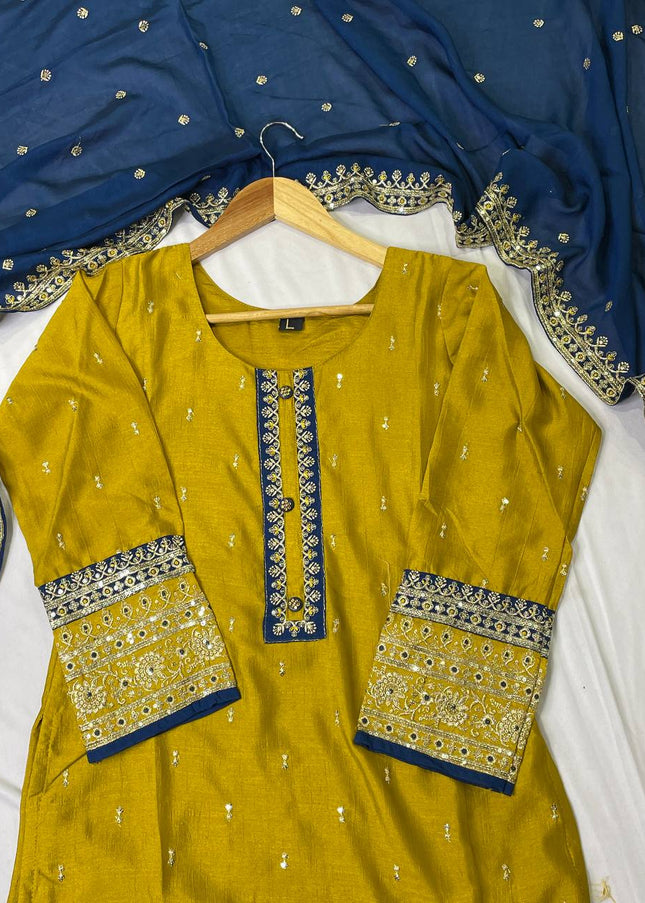 Mustard Yellow georgette Straight with Zori Work Panel|SC1_2