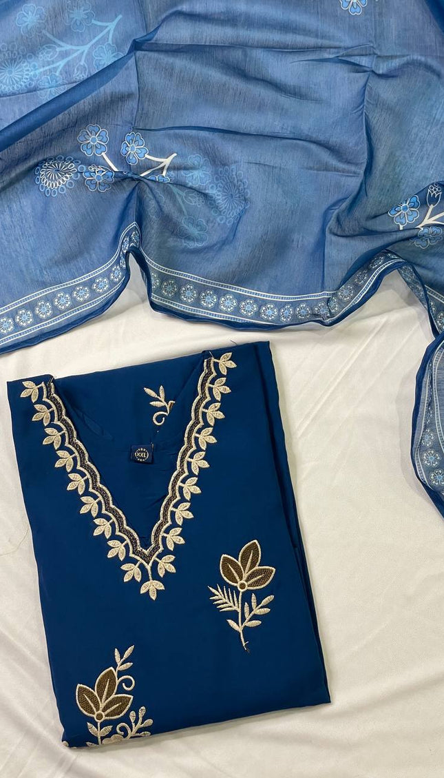 Navy Blue Gold Thread Floral Bouquet Embroidered Kurta Set with Jacquard Dupatta |SC16_2