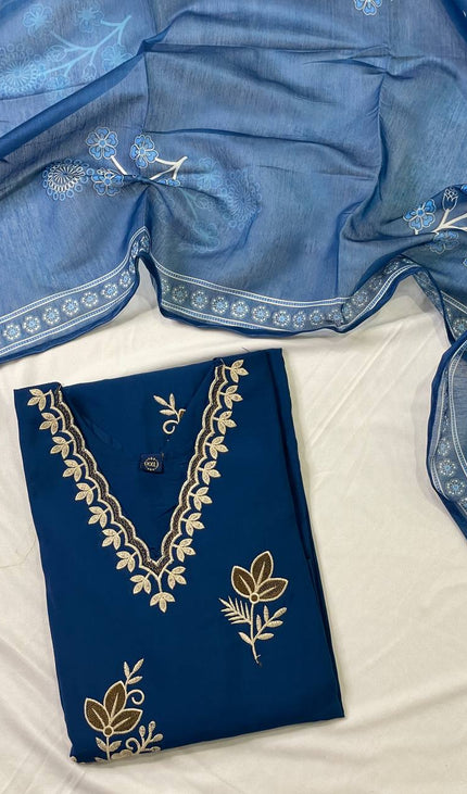 Navy Blue Gold Thread Floral Bouquet Embroidered Kurta Set with Jacquard Dupatta |SC16_2