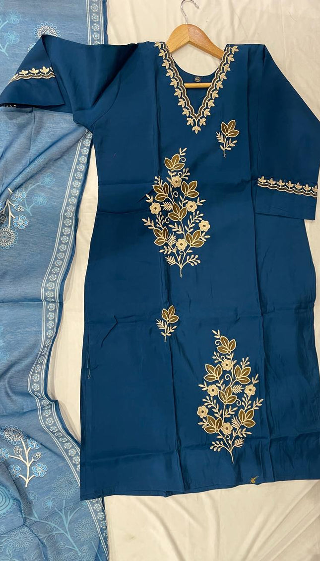 Navy Blue Gold Thread Floral Bouquet Embroidered Kurta Set with Jacquard Dupatta |SC16_2