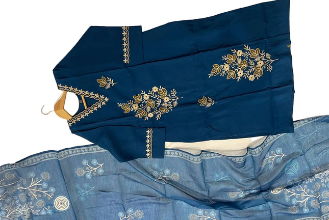 Navy Blue Gold Thread Floral Bouquet Embroidered Kurta Set with Jacquard Dupatta |SC16_2