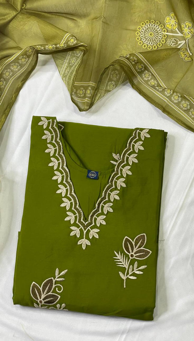 Olive Green Floral Bouquet Embroidered Kurta Set with Jacquard Dupatta |SC16_3