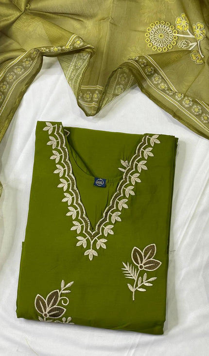 Olive Green Floral Bouquet Embroidered Kurta Set with Jacquard Dupatta |SC16_3
