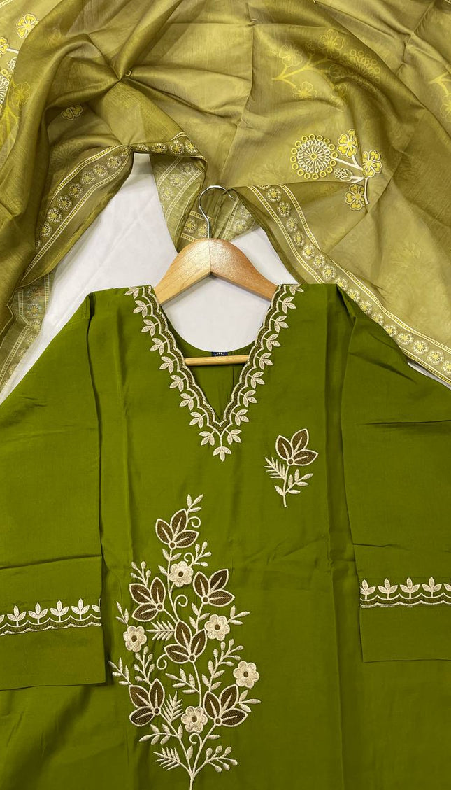 Olive Green Floral Bouquet Embroidered Kurta Set with Jacquard Dupatta |SC16_3
