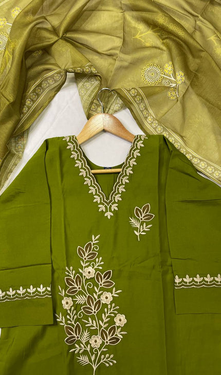 Olive Green Floral Bouquet Embroidered Kurta Set with Jacquard Dupatta |SC16_3