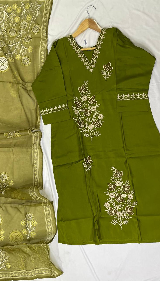 Olive Green Floral Bouquet Embroidered Kurta Set with Jacquard Dupatta |SC16_3