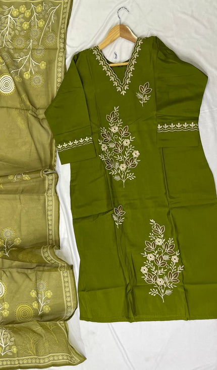 Olive Green Floral Bouquet Embroidered Kurta Set with Jacquard Dupatta |SC16_3