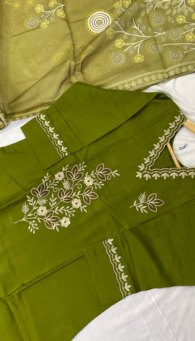 Olive Green Floral Bouquet Embroidered Kurta Set with Jacquard Dupatta |SC16_3